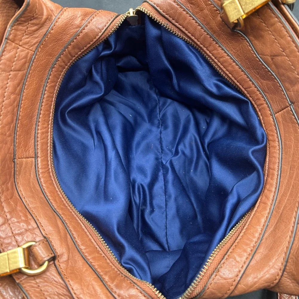 Juicy Couture Brown Buffalo Leather Satchel Crossbody Bag Gold Hardware Navy